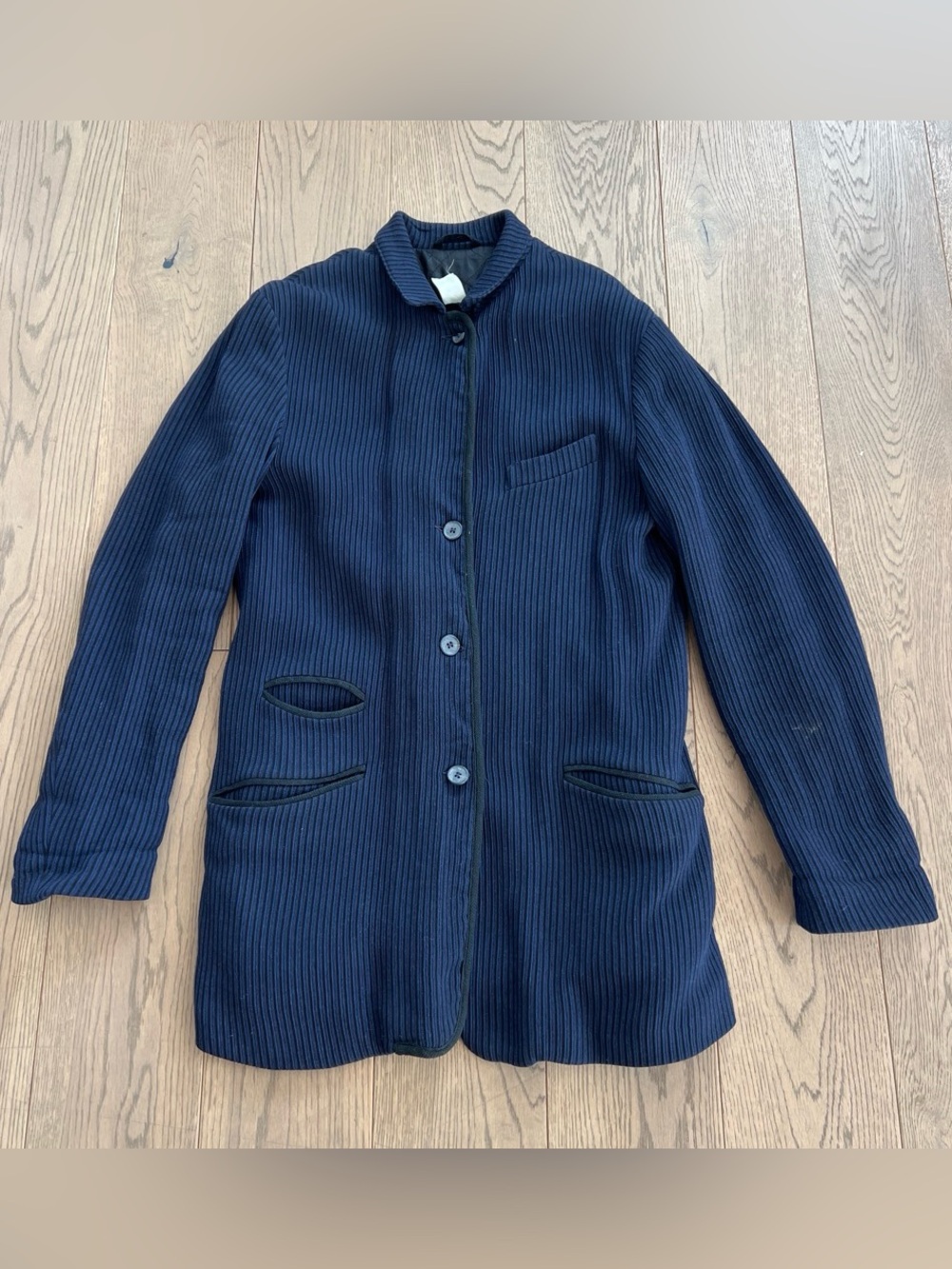 Industria Italian Ribbed Navy Black Stripe Button-Front Women's Jacket Coat M